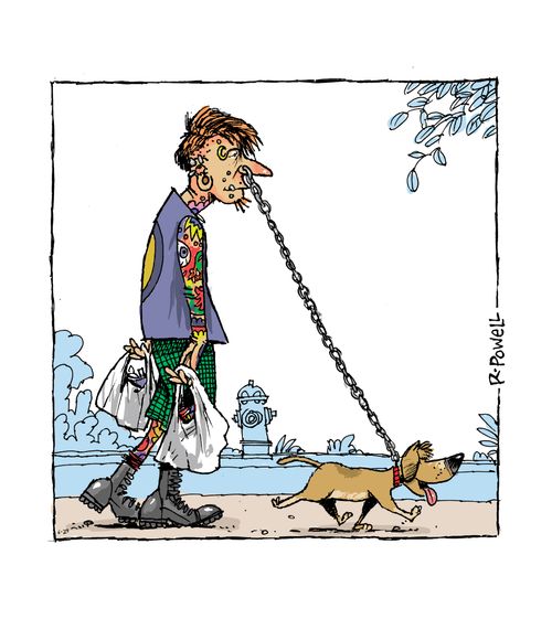 A man with a nose ring walking his dog