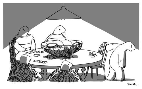 A tortoise walks away from a poker game, having lost its shell.