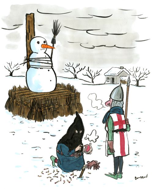 An execution tries to light a pyre under a snowman