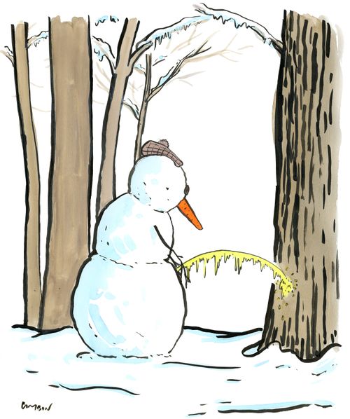 A snowman urinating