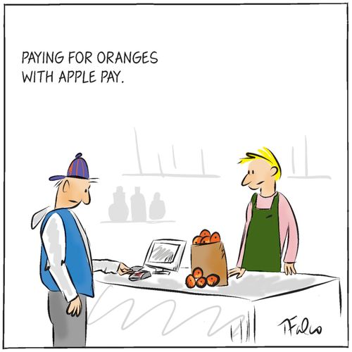 Paying for oranges with apple pay.