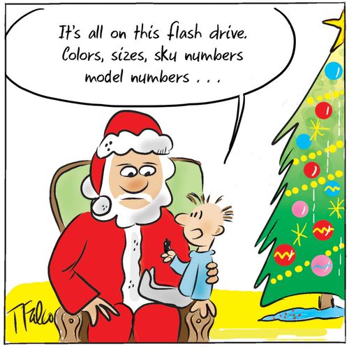 "It's all on this flash drive. Colors, sizes. . ."