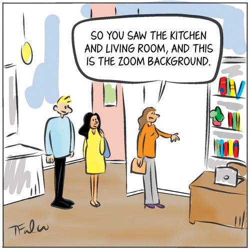 "So you saw the kitchen and living room, and this is the zoom background."