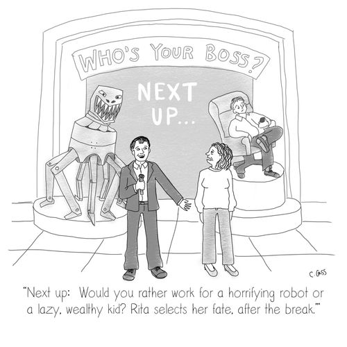 "Next up: Would you rather work for a horrifying robot or a lazy, wealthy, ki? Rita selects her fate, after the break."