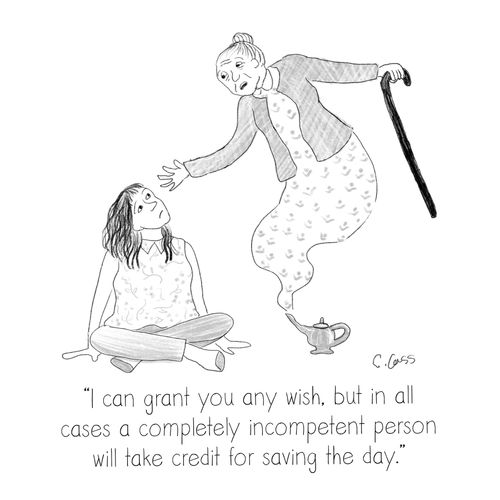 "I can grant you any wish, but in all cases a completely incompetent person will take credit for saving the day."