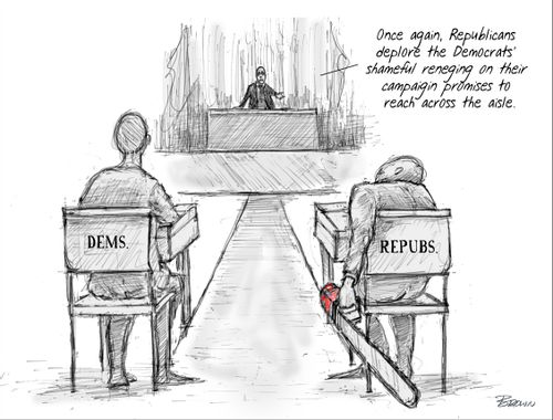"Once again, Republicans deplore the Democrats' shameful reneging on their campaign promises to reach across the aisle."