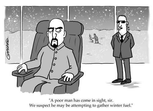 "A poor man has come in sight, sir. We suspect he may be attempting to gather winter fuel."