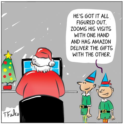 "He's got it all figured out. Zooms his visits with one hand and has Amazon deliver the gifts with the other."