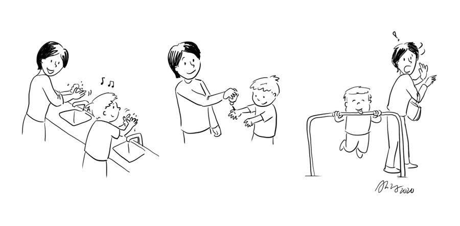 A mum tries to keep her child's hands clean