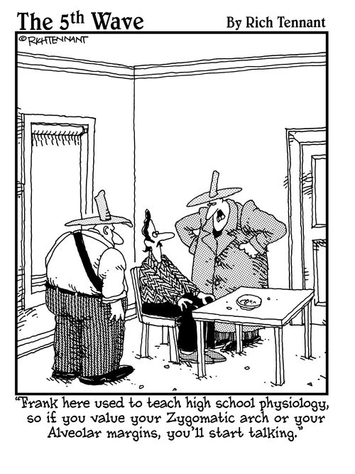 "Frank here used to teach high school physiology, so if you value your Zygomatic arch or your Alveolar margins, you'll start talking."