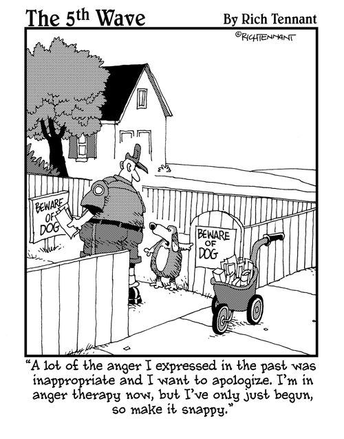 "A lot of the anger I expressed in the past was inappropriate and I want to apologize. I'm in anger therapy now, but I've only just begun, so make it snappy."