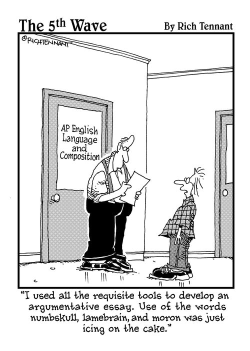 "I used all the requisite tools to develop an argumentative essay. Use of the words numbskull, lamebrain, and moron was just icing on the cake."