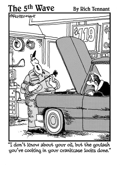 "I don't know about your oil, but the goulash you're cooking in your crankcase looks done."