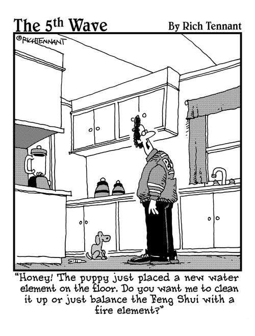 "Honey! The puppy just placed a new water element on the floor. Do you want me to clean it up or just balance the Feng Shui with a fire element?"