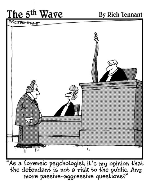 "As a forensic psychologist, it's my opinion that the defendant is not a risk to the public. Any more passive-aggressive questions?"