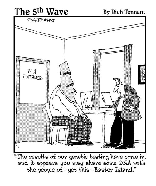 "The results of our genetic testing have come in, and it appears you may share some DNA with the people of – get this – Easter Island."