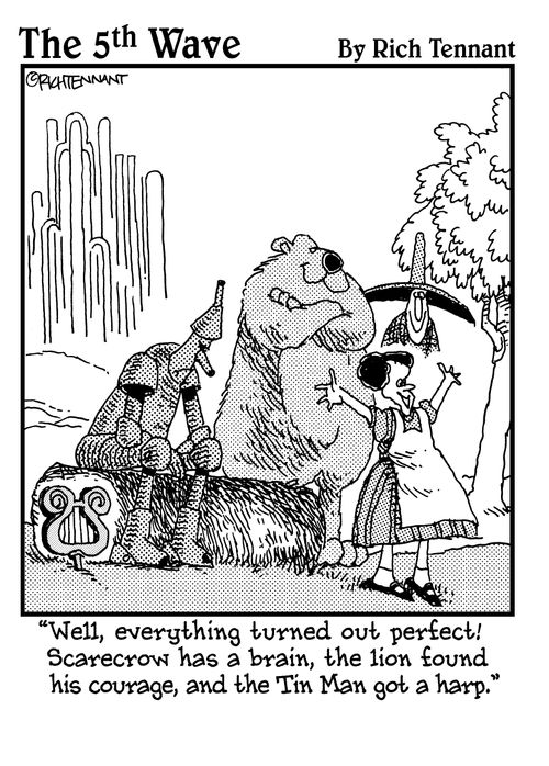 "Well, everything turned out perfect! Scarecrow has a brain, the lion found his courage, and the Tin Man got a harp."