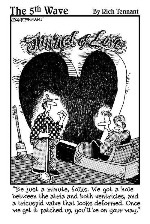 "Be just a minute, folks. We got a hole between the atria and both ventricles. . ."