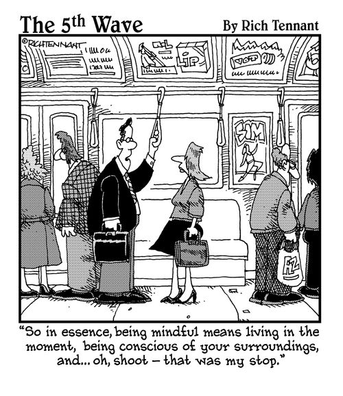 "So in essence, being mindful means living in the moment, being conscious of your surroundings, and . . . oh, shoot - that was my stop."