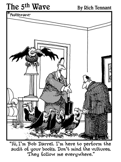 "Hi, I'm Bob Darrel. I'm here to perform the audit of your books. Don't mind the vultures. They follow me everywhere."