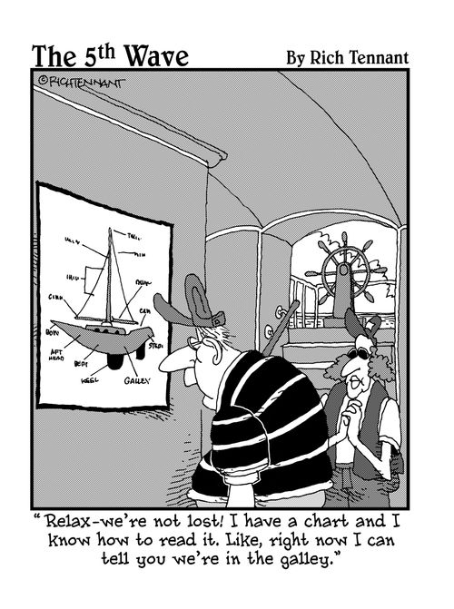 "Relax - we're not lost! I have a chart and I know how to read it. Like, right now I can tell you we're in the galley."