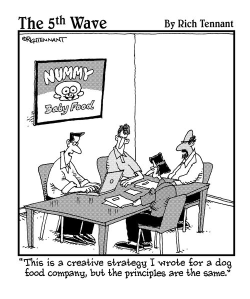 "This is a creative strategy I wrote for a dog food company, but the principles are the same."