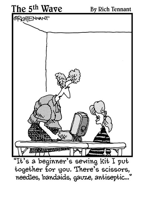 "It's a beginner's sewing kit I put together for you. There's scissors, needles, bandaids, gauze, antiseptic. . ."