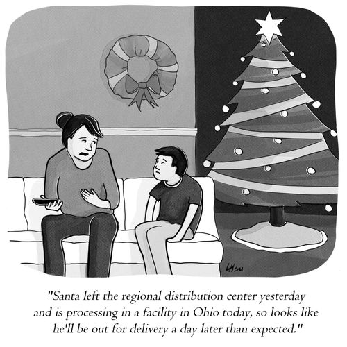 "Santa left the regional distribution center yesterday and is processing in a facility in Ohio today, so looks like he'll be out for delivery a day later than expected."