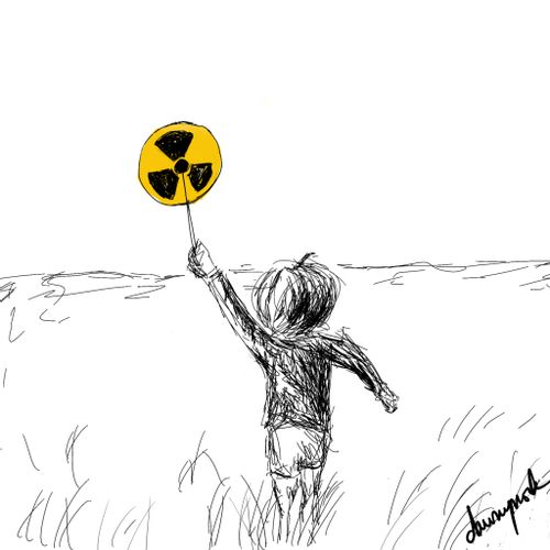 Child runs with a toxic waste symbol.