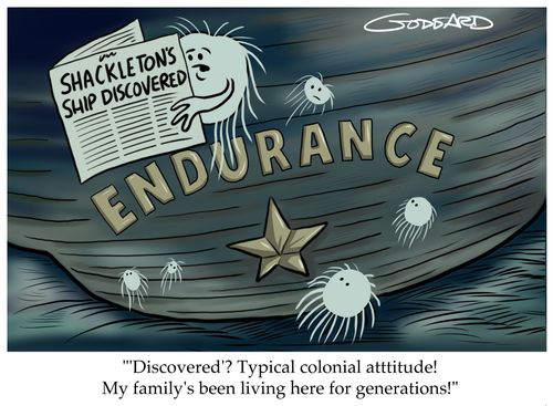 "'Discovered?' Typical colonial attitude! My family's been living here for generations!"