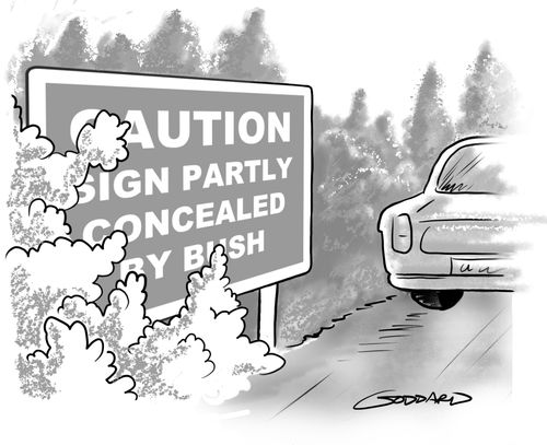 'Caution Sign Partially Concealed by Bush.'