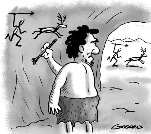 A caveman paints from life