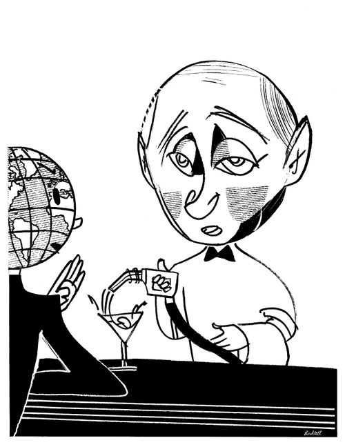 Caricature of Putin pouring petrol into a cocktail glass.