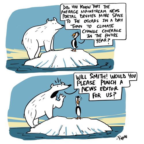 "Did you know that the average mainstream news portal devotes more space to the oscar in a day than to climate change coverage in the entire year?"