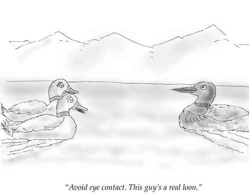 "Avoid eye contact. This guy's a real loon."
