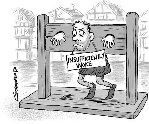 Man in pillory with sign reading 'INSUFFICIENTLY WOKE.'