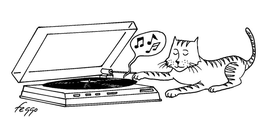 A cat listening to a record player