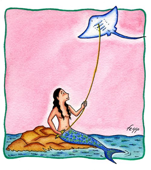 A mermaid flying a ray kite