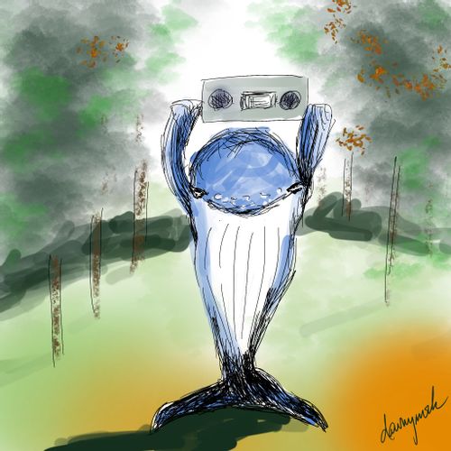 A whale holding a boombox over its head