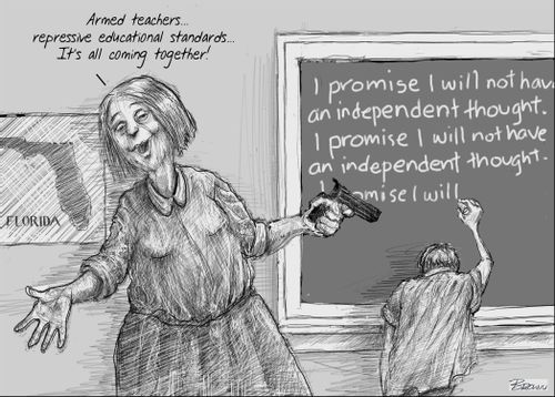 "Armed teachers...repressive educational standards. It's all coming together."
