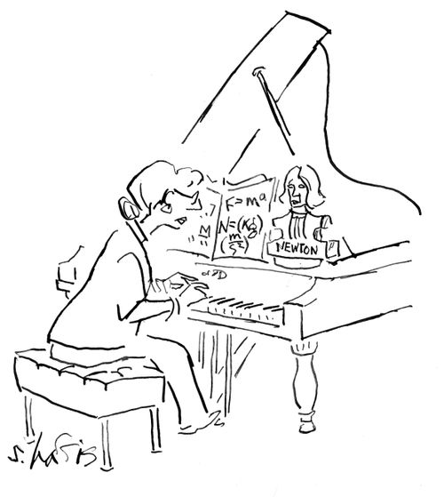 A pianist trying to read a Newtonian equation