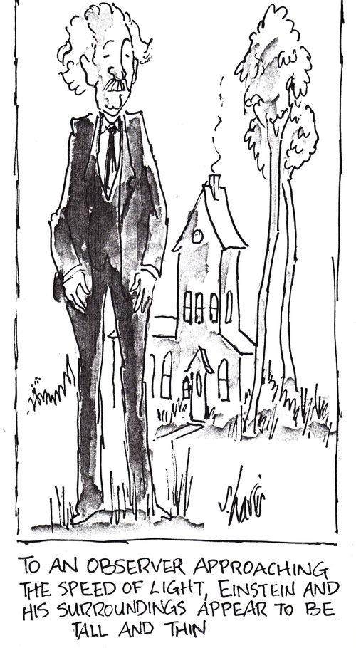 To an observer approaching the speed of light, Einstein and his surroundings appear to be tall and thin.