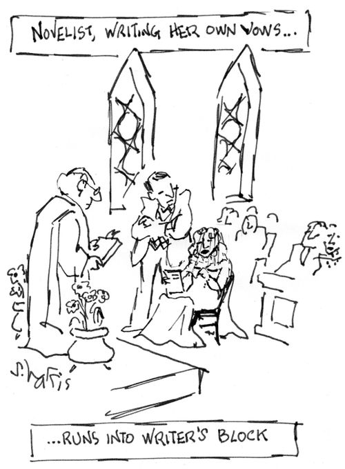 Novelist, writing her own vows... runs into writer's block.