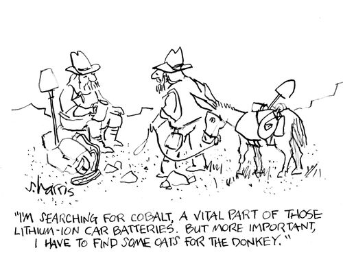 "I'm searching for cobalt, a vital part of those lithium-ion car batteries. But more important, I have to find some oats for the donkey."