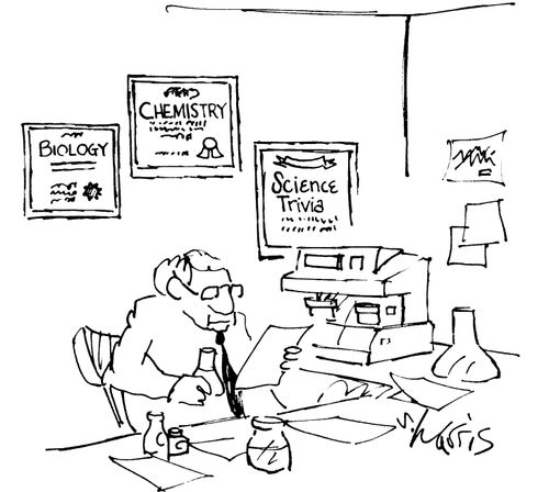 A scientist with Biology, Chemistry and Science Trivia certificates on his wall