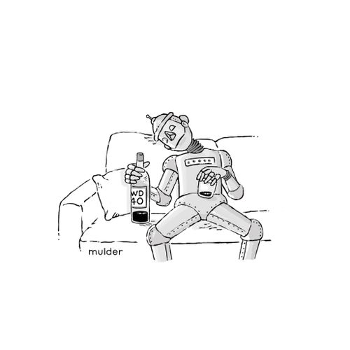 Tin man asleep on the sofa with a bottle of WD 40