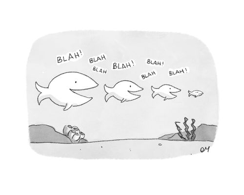 A line of fish following a quiet fish.