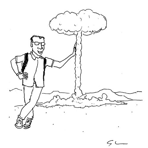 Man leaning on an atomic bomb cloud.