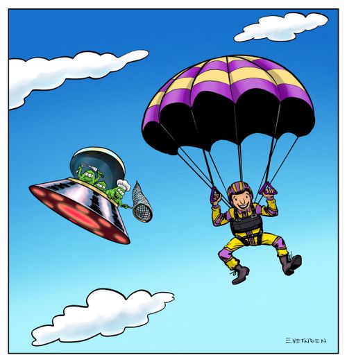 Aliens chasing after a sky diver with a net to capture him for dinner.