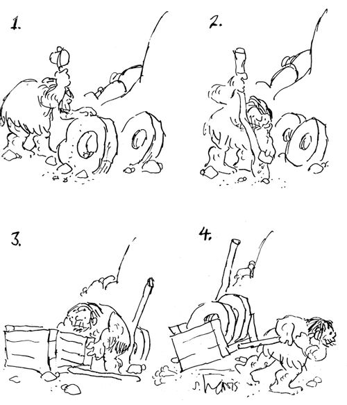 A caveman attempting to make a cart